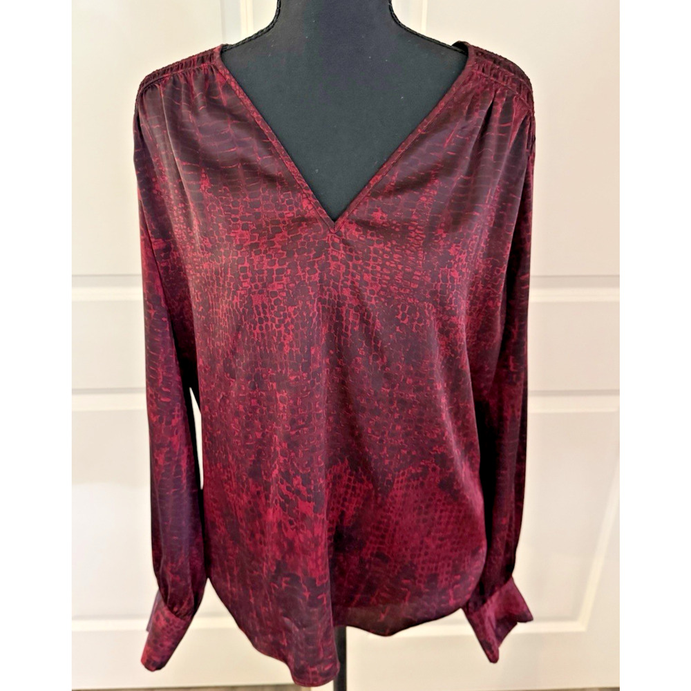 White House Black Market Women's Burgundy/Black Satin Snake Skin Print Shirt - L